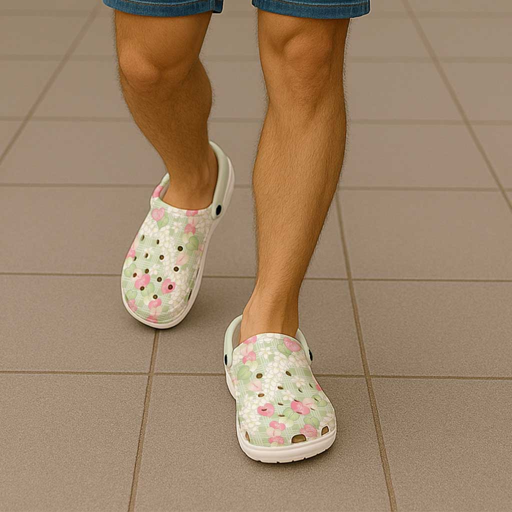 Anthurium Plumeria Lei Pastel Clogs Shoes Green Hawaiian Splendid Palaka LT01 - Polynesian Pride