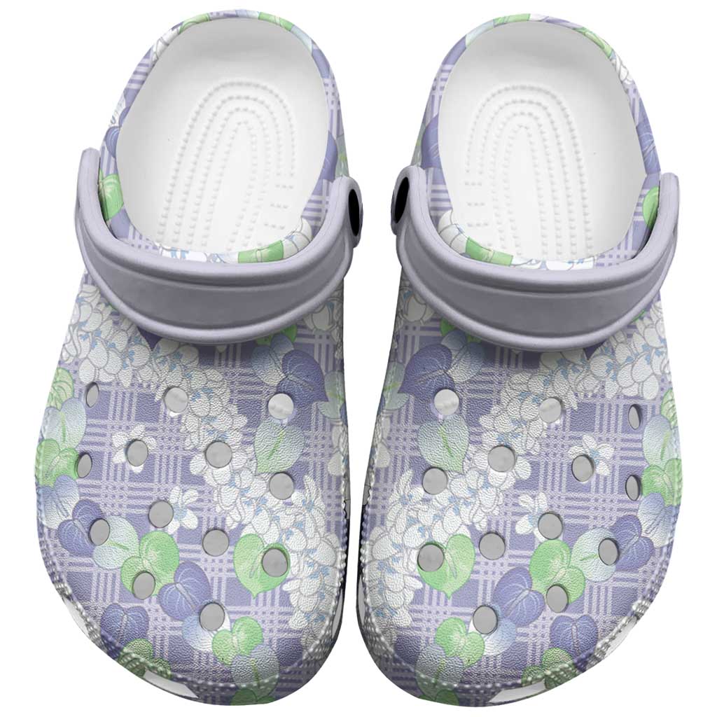 Anthurium Plumeria Lei Pastel Clogs Shoes Purple Hawaiian Splendid Palaka LT01 Purple - Polynesian Pride