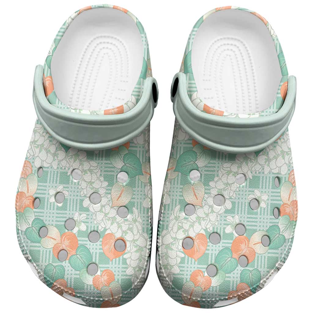 Anthurium Plumeria Lei Pastel Clogs Shoes Teal Hawaiian Splendid Palaka LT01 Teal - Polynesian Pride