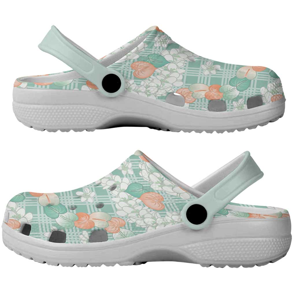 Anthurium Plumeria Lei Pastel Clogs Shoes Teal Hawaiian Splendid Palaka LT01 - Polynesian Pride
