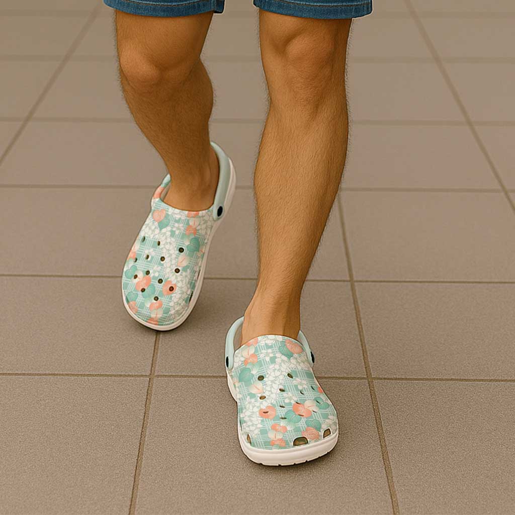 Anthurium Plumeria Lei Pastel Clogs Shoes Teal Hawaiian Splendid Palaka LT01 - Polynesian Pride