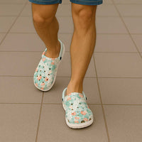 Anthurium Plumeria Lei Pastel Clogs Shoes Teal Hawaiian Splendid Palaka LT01 - Polynesian Pride