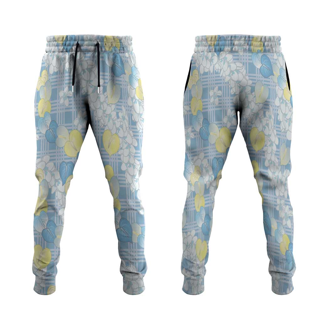 Anthurium Plumeria Lei Pastel Jogger Pants Blue Hawaiian Splendid Palaka LT01 Blue - Polynesian Pride