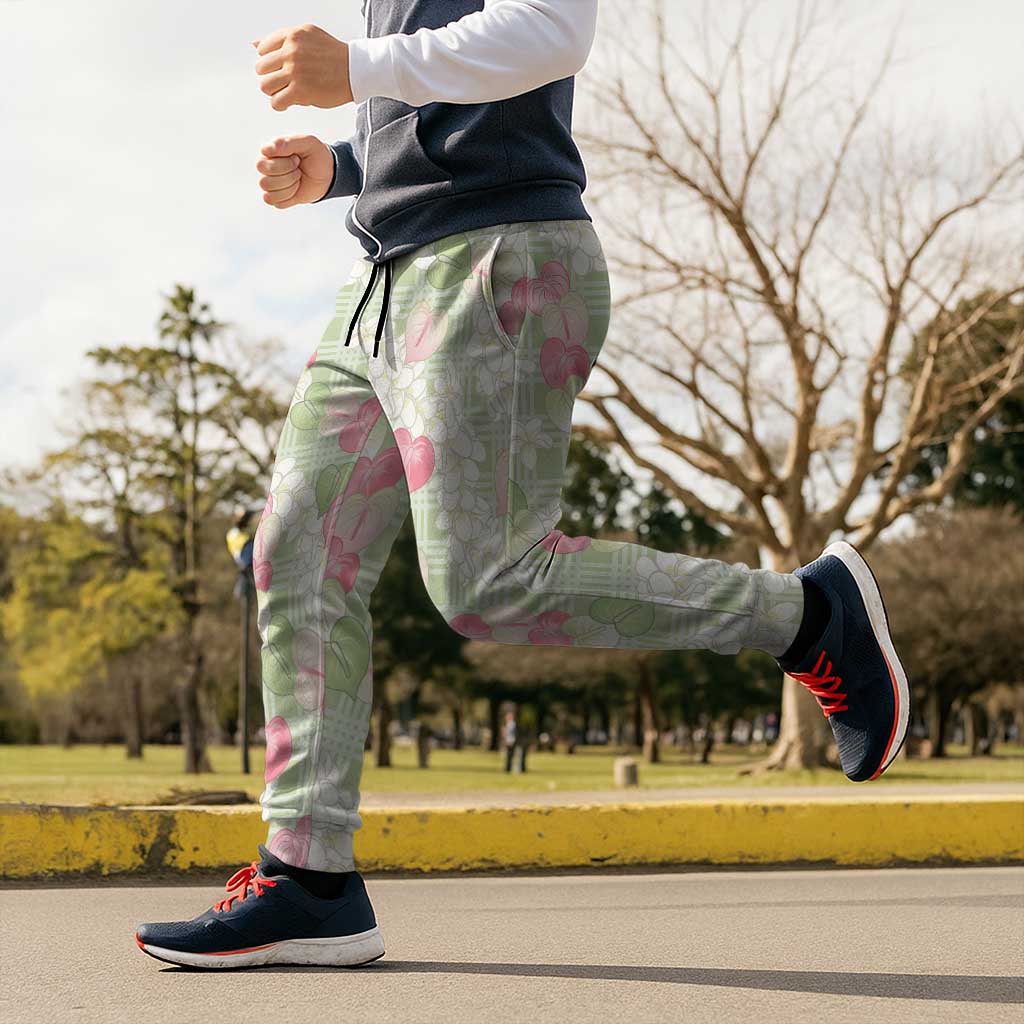 Anthurium Plumeria Lei Pastel Jogger Pants Green Hawaiian Splendid Palaka LT01 - Polynesian Pride