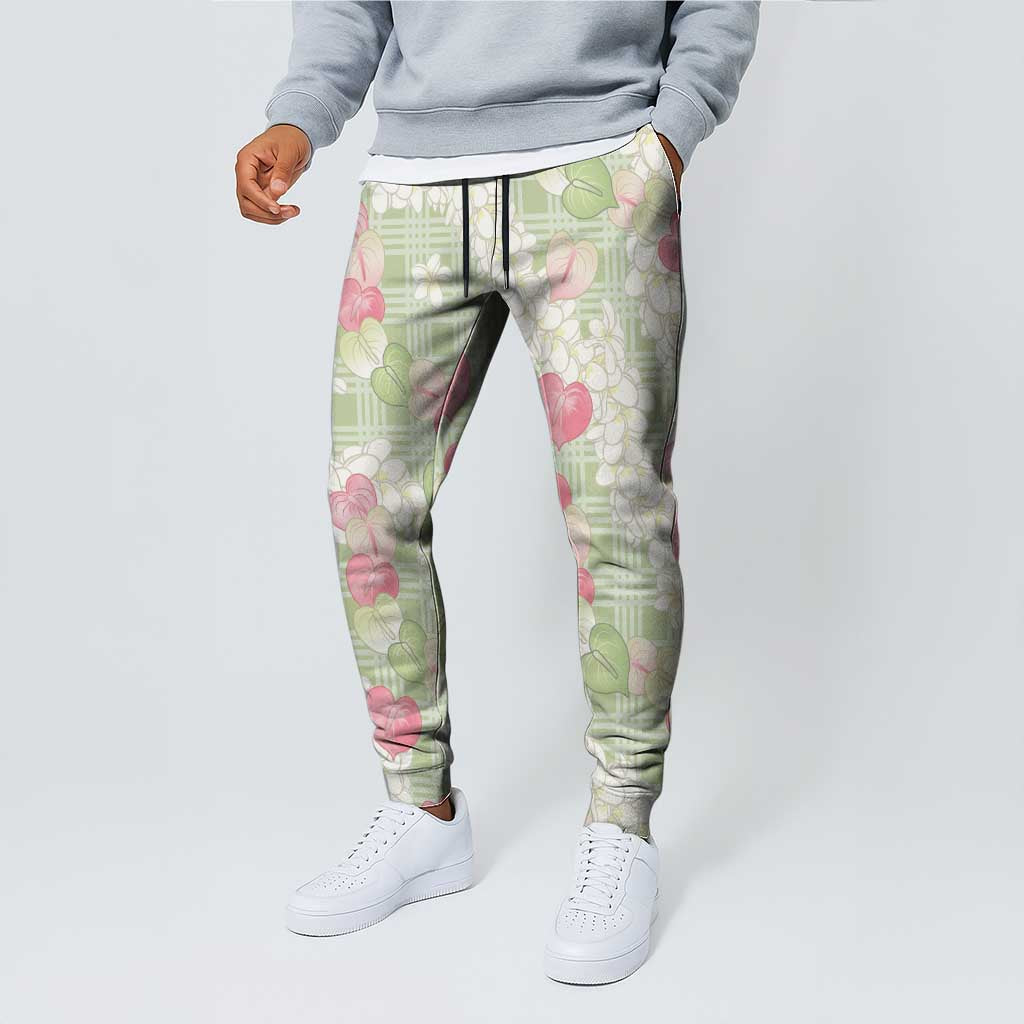 Anthurium Plumeria Lei Pastel Jogger Pants Green Hawaiian Splendid Palaka LT01 - Polynesian Pride