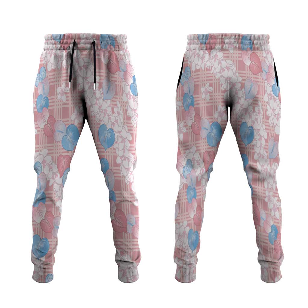 Anthurium Plumeria Lei Pastel Jogger Pants Pink Hawaiian Splendid Palaka LT01 Pink - Polynesian Pride
