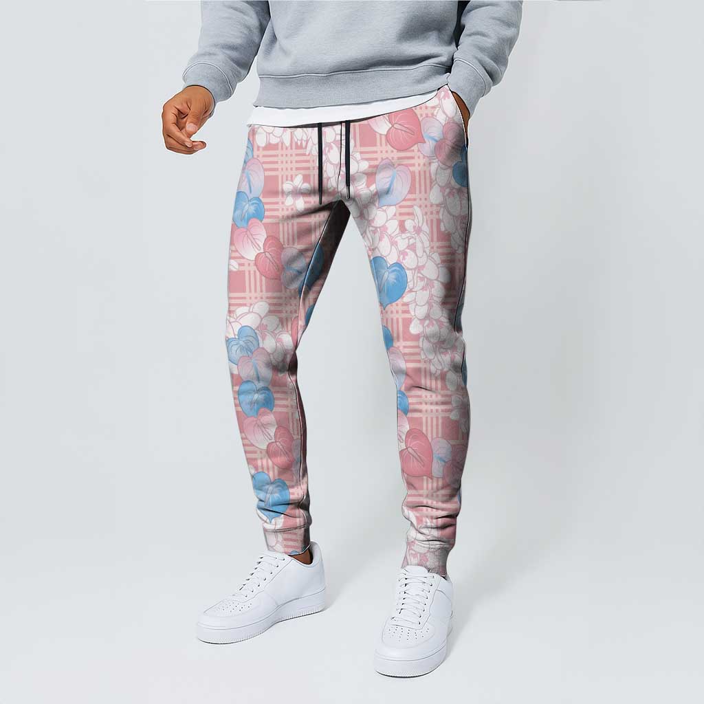 Anthurium Plumeria Lei Pastel Jogger Pants Pink Hawaiian Splendid Palaka LT01 - Polynesian Pride