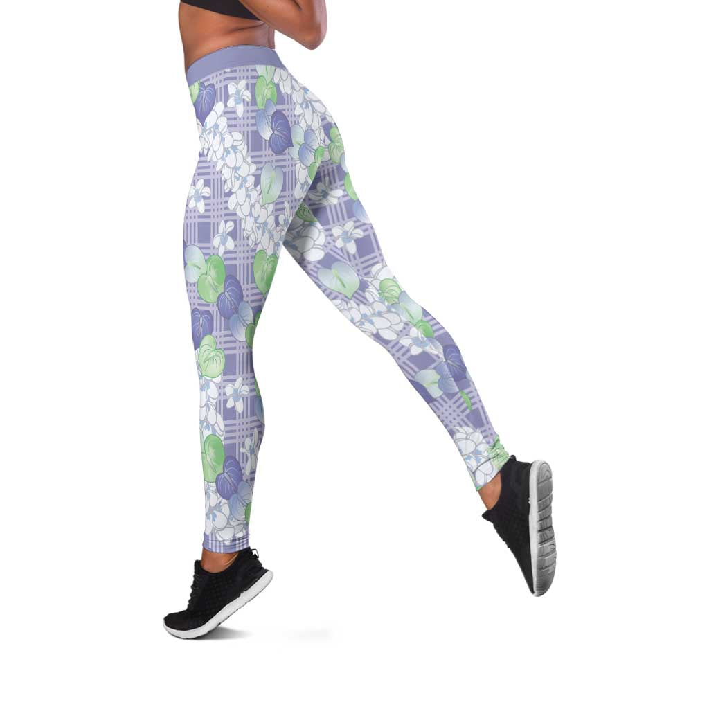 Anthurium Plumeria Lei Pastel Leggings Purple Hawaiian Splendid Palaka LT01 Purple - Polynesian Pride