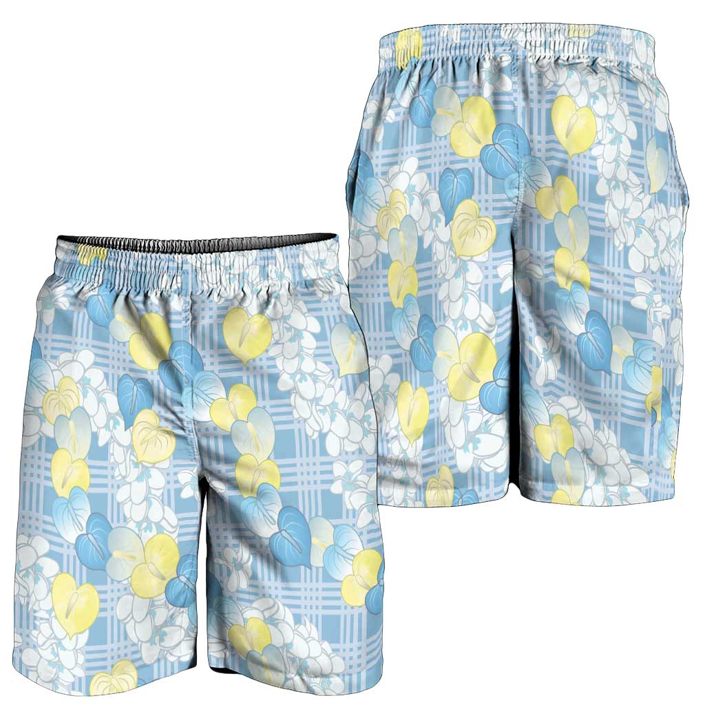 Anthurium Plumeria Lei Pastel Shorts for Men Blue Hawaiian Splendid Palaka LT01 - Polynesian Pride