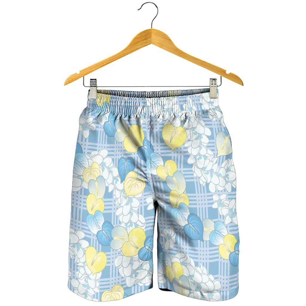 Anthurium Plumeria Lei Pastel Shorts for Men Blue Hawaiian Splendid Palaka LT01 - Polynesian Pride