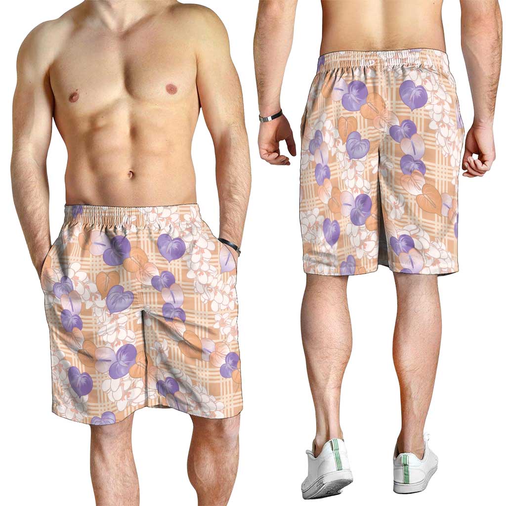 Anthurium Plumeria Lei Pastel Shorts for Men Orange Hawaiian Splendid Palaka LT01 - Polynesian Pride
