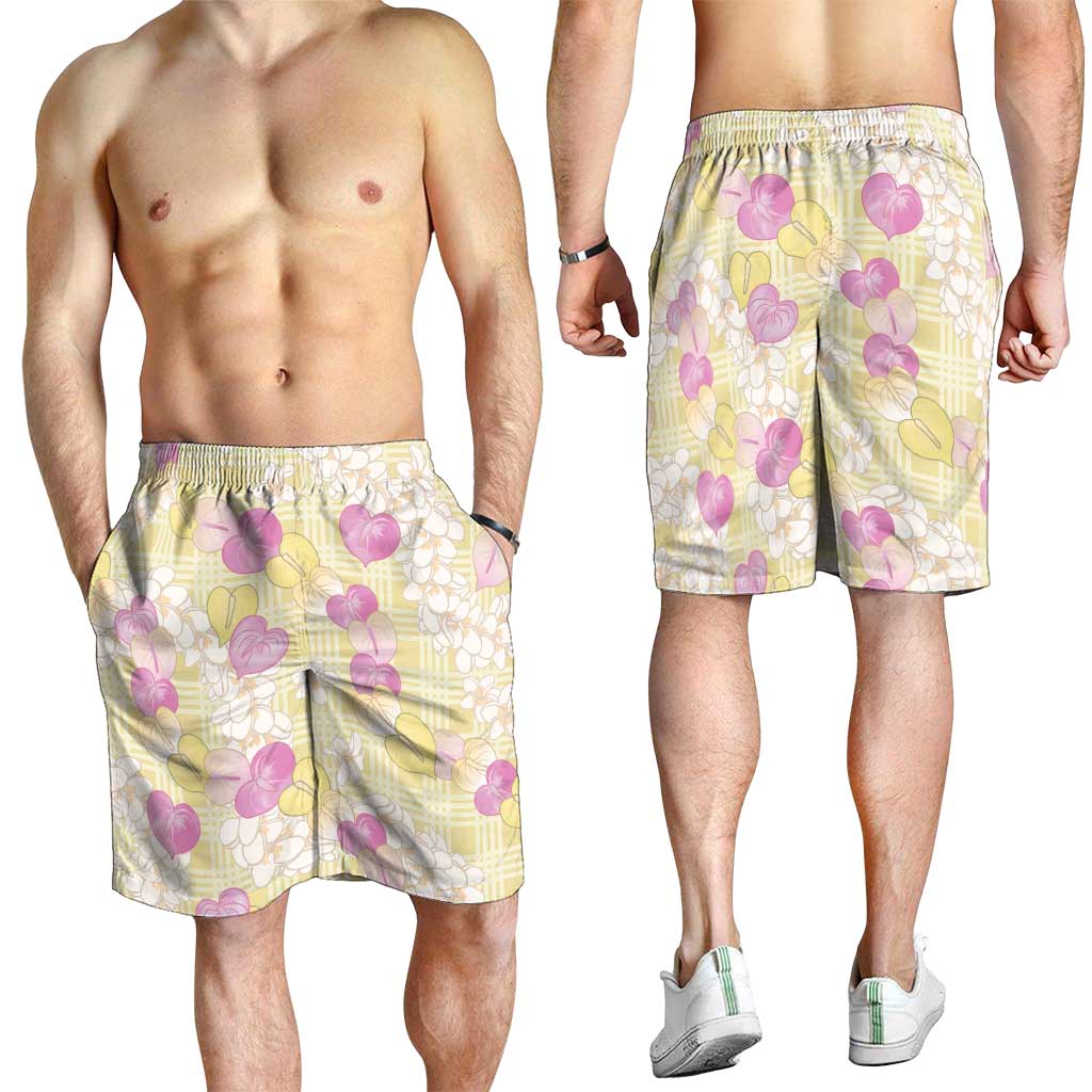 Anthurium Plumeria Lei Pastel Shorts for Men Yellow Hawaiian Splendid Palaka LT01 - Polynesian Pride