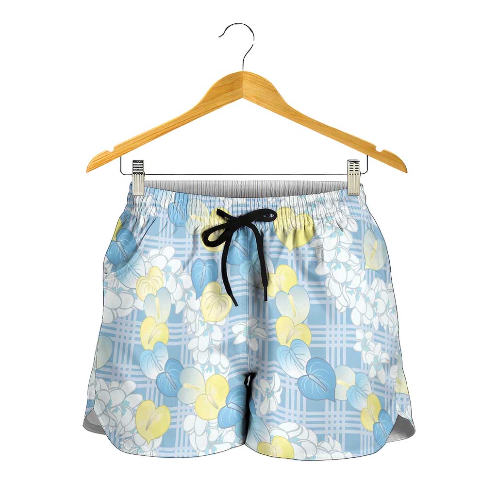 Anthurium Plumeria Lei Pastel Shorts for Women Blue Hawaiian Splendid Palaka