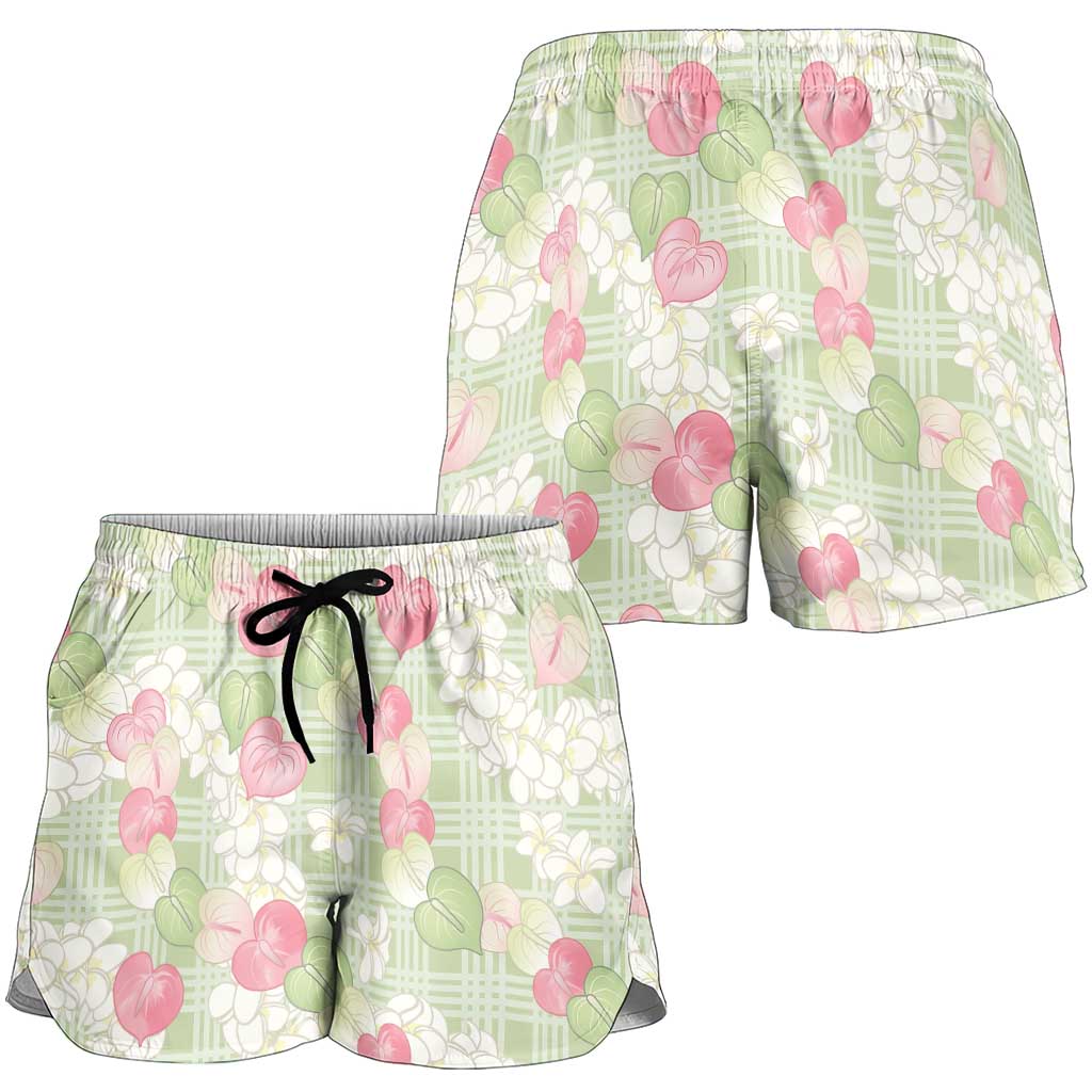 Anthurium Plumeria Lei Pastel Shorts for Women Green Hawaiian Splendid Palaka LT01 - Polynesian Pride