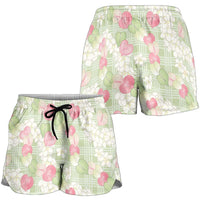 Anthurium Plumeria Lei Pastel Shorts for Women Green Hawaiian Splendid Palaka LT01 - Polynesian Pride