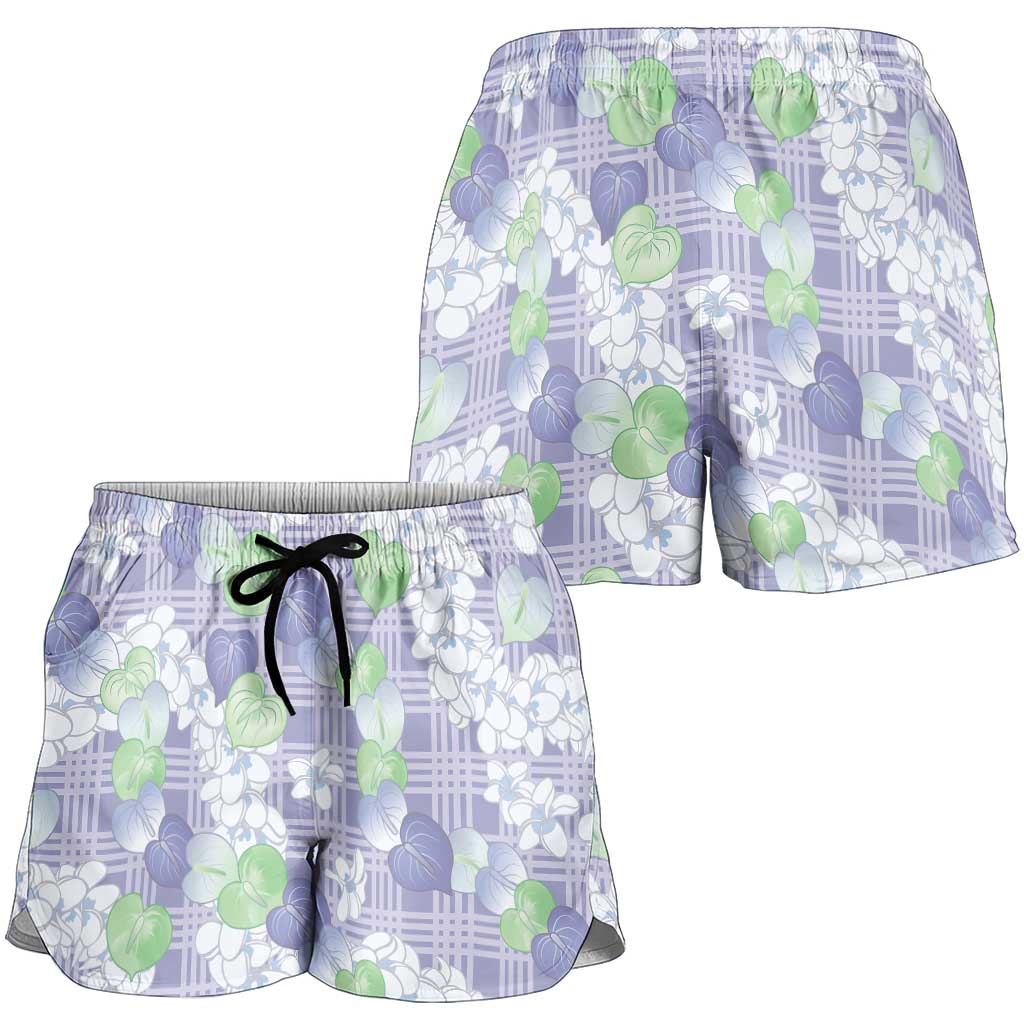 Anthurium Plumeria Lei Pastel Shorts for Women Purple Hawaiian Splendid Palaka LT01 - Polynesian Pride