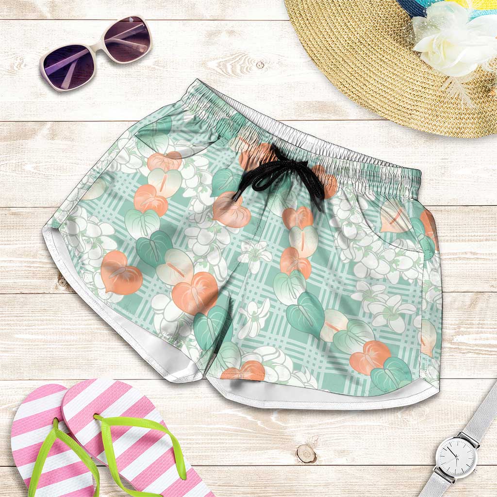Anthurium Plumeria Lei Pastel Shorts for Women Teal Hawaiian Splendid Palaka LT01 Teal - Polynesian Pride