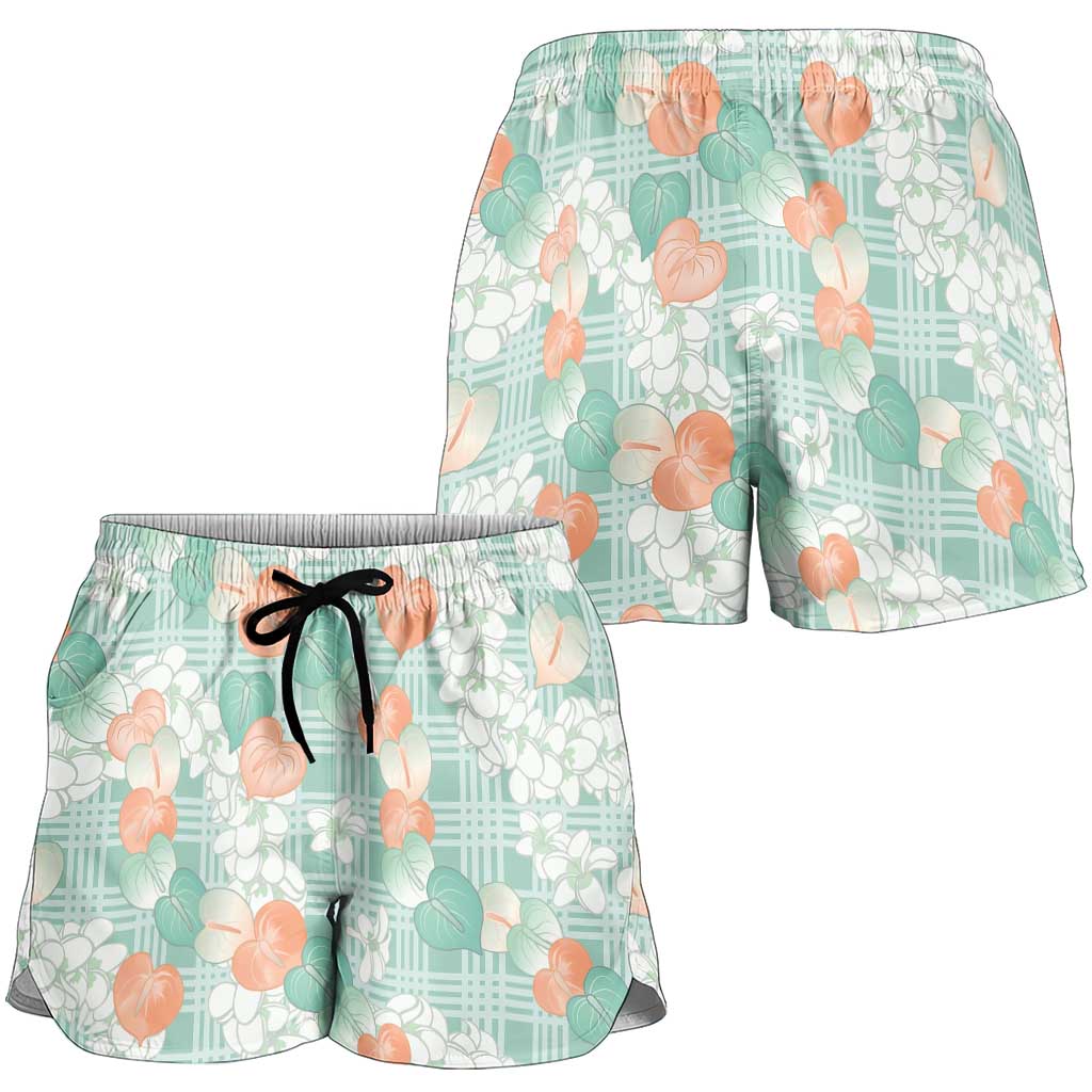 Anthurium Plumeria Lei Pastel Shorts for Women Teal Hawaiian Splendid Palaka LT01 - Polynesian Pride