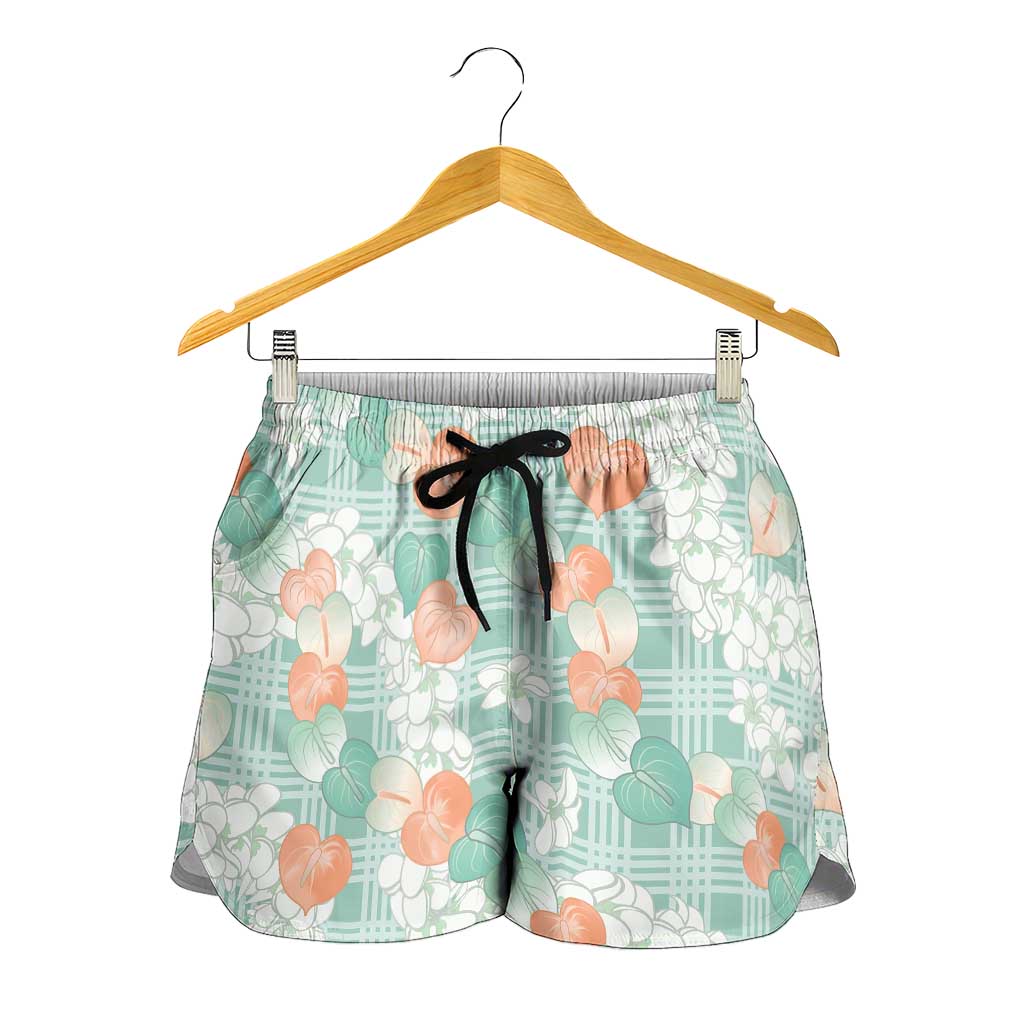 Anthurium Plumeria Lei Pastel Shorts for Women Teal Hawaiian Splendid Palaka LT01 - Polynesian Pride