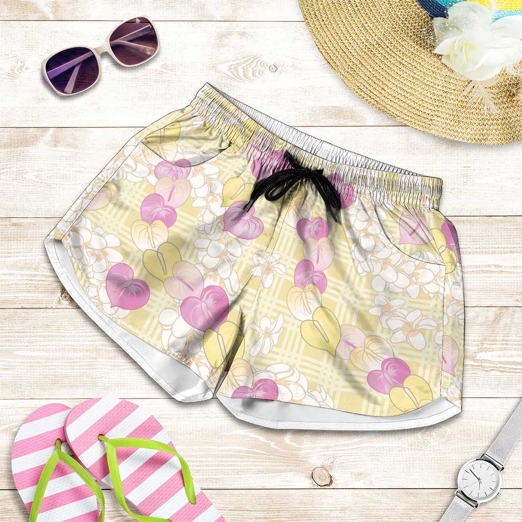 Anthurium Plumeria Lei Pastel Shorts for Women Yellow Hawaiian Splendid Palaka LT01 Yellow - Polynesian Pride