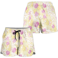Anthurium Plumeria Lei Pastel Shorts for Women Yellow Hawaiian Splendid Palaka LT01 - Polynesian Pride