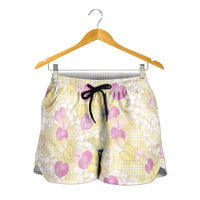 Anthurium Plumeria Lei Pastel Shorts for Women Yellow Hawaiian Splendid Palaka LT01 - Polynesian Pride