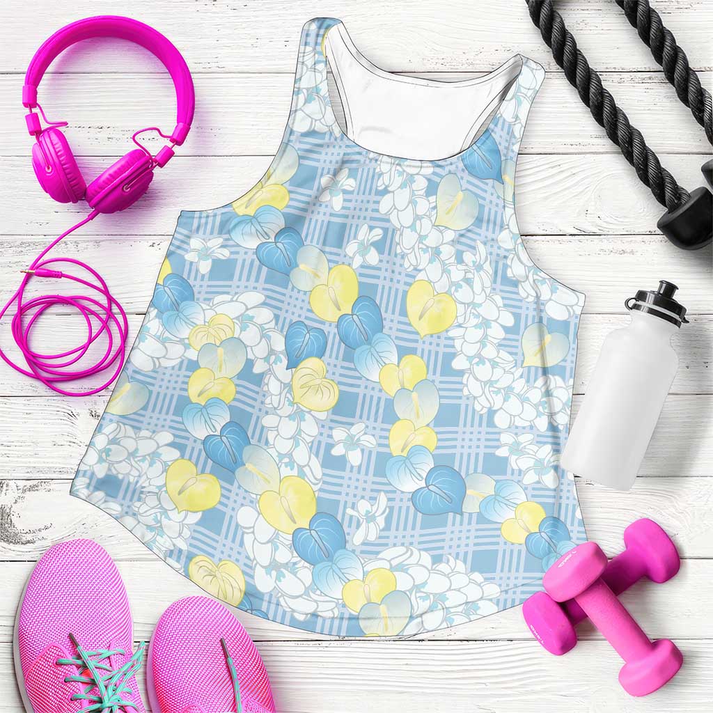 Anthurium Plumeria Lei Pastel Women Racerback Tank Blue Hawaiian Splendid Palaka LT01 Blue - Polynesian Pride