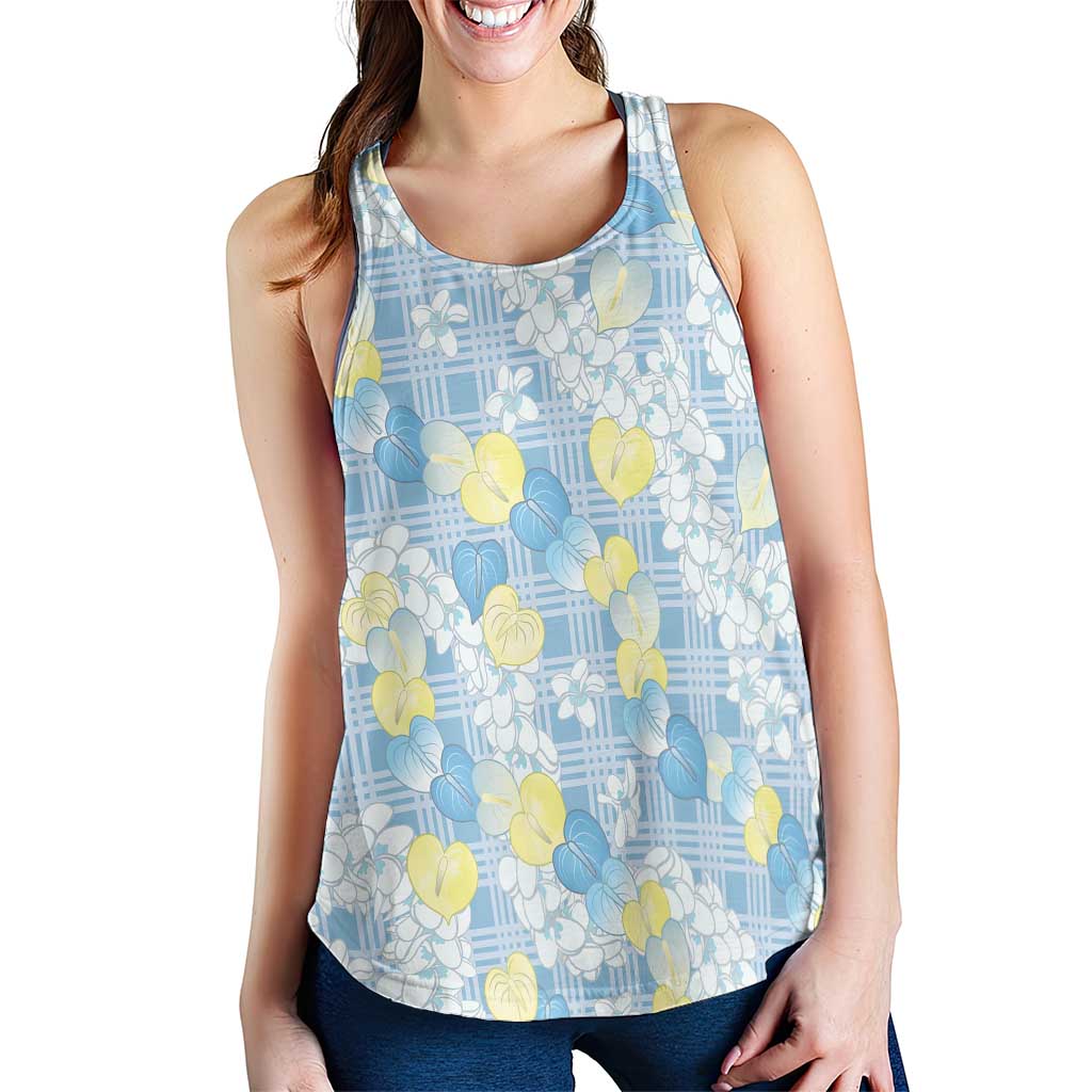 Anthurium Plumeria Lei Pastel Women Racerback Tank Blue Hawaiian Splendid Palaka LT01 - Polynesian Pride