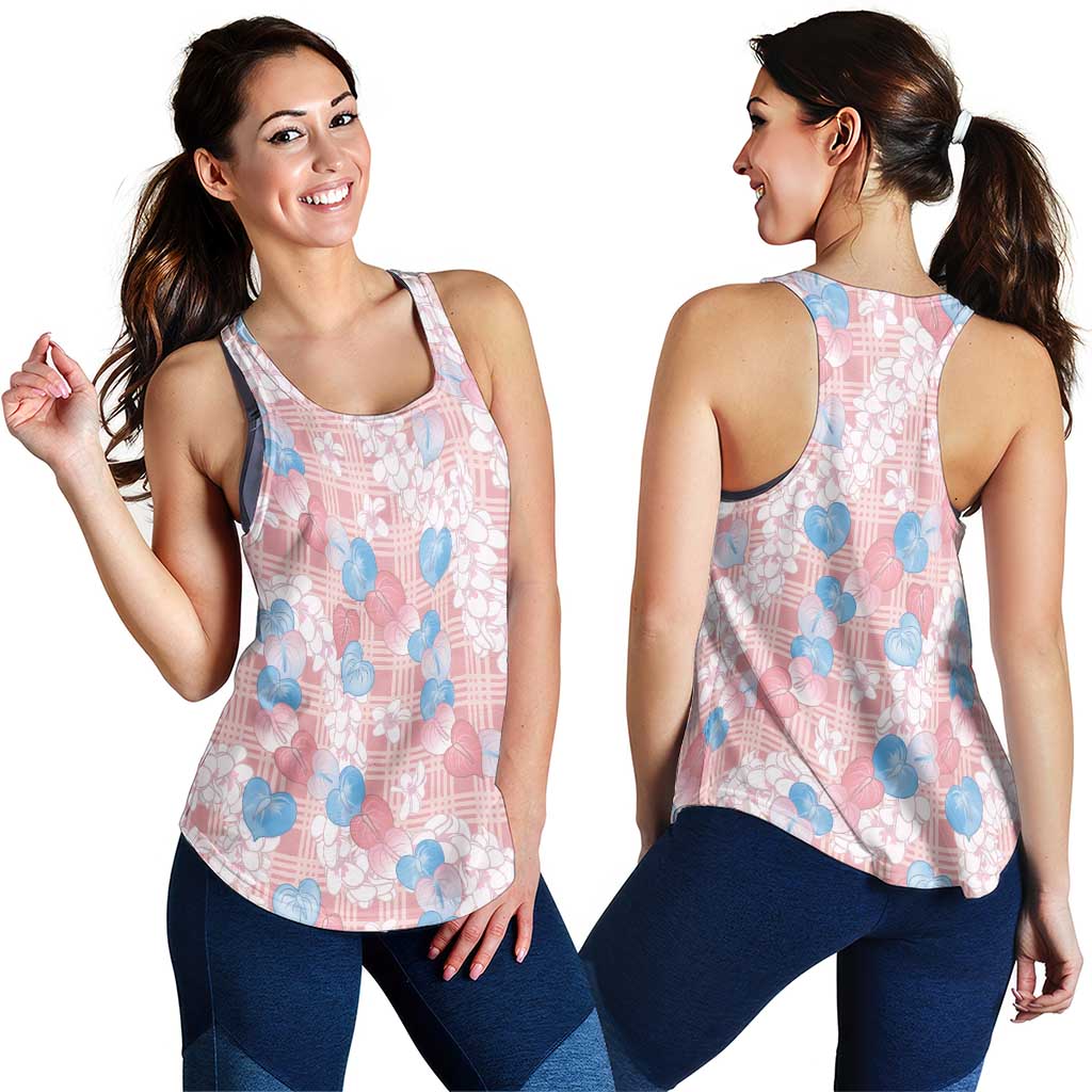 Anthurium Plumeria Lei Pastel Women Racerback Tank Pink Hawaiian Splendid Palaka LT01 - Polynesian Pride