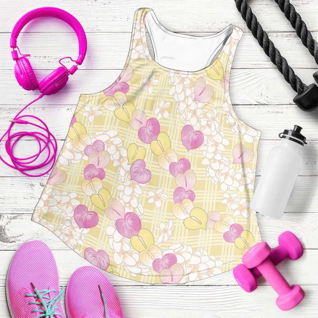 Anthurium Plumeria Lei Pastel Women Racerback Tank Yellow Hawaiian Splendid Palaka LT01 Yellow - Polynesian Pride