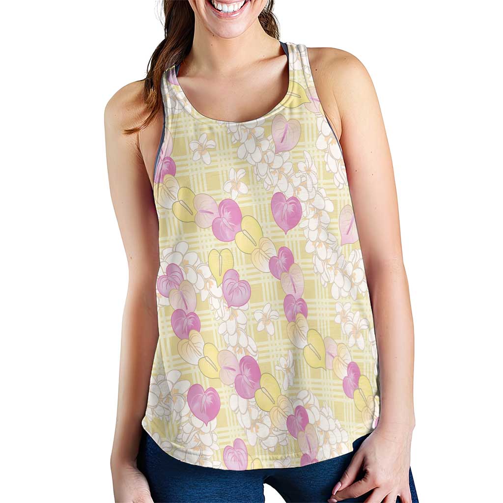 Anthurium Plumeria Lei Pastel Women Racerback Tank Yellow Hawaiian Splendid Palaka LT01 - Polynesian Pride