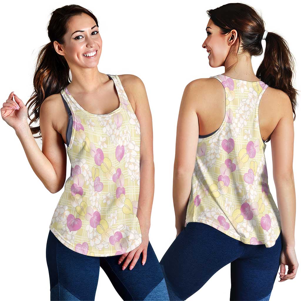 Anthurium Plumeria Lei Pastel Women Racerback Tank Yellow Hawaiian Splendid Palaka LT01 - Polynesian Pride