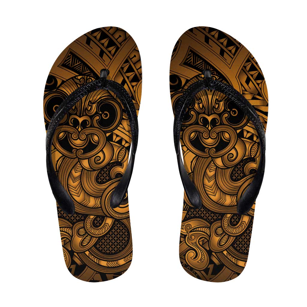 Aotearoa Maori Hei Tiki Flip Flops Koura Kowhaiwhai Puhoro Motif LT9 Gold - Polynesian Pride