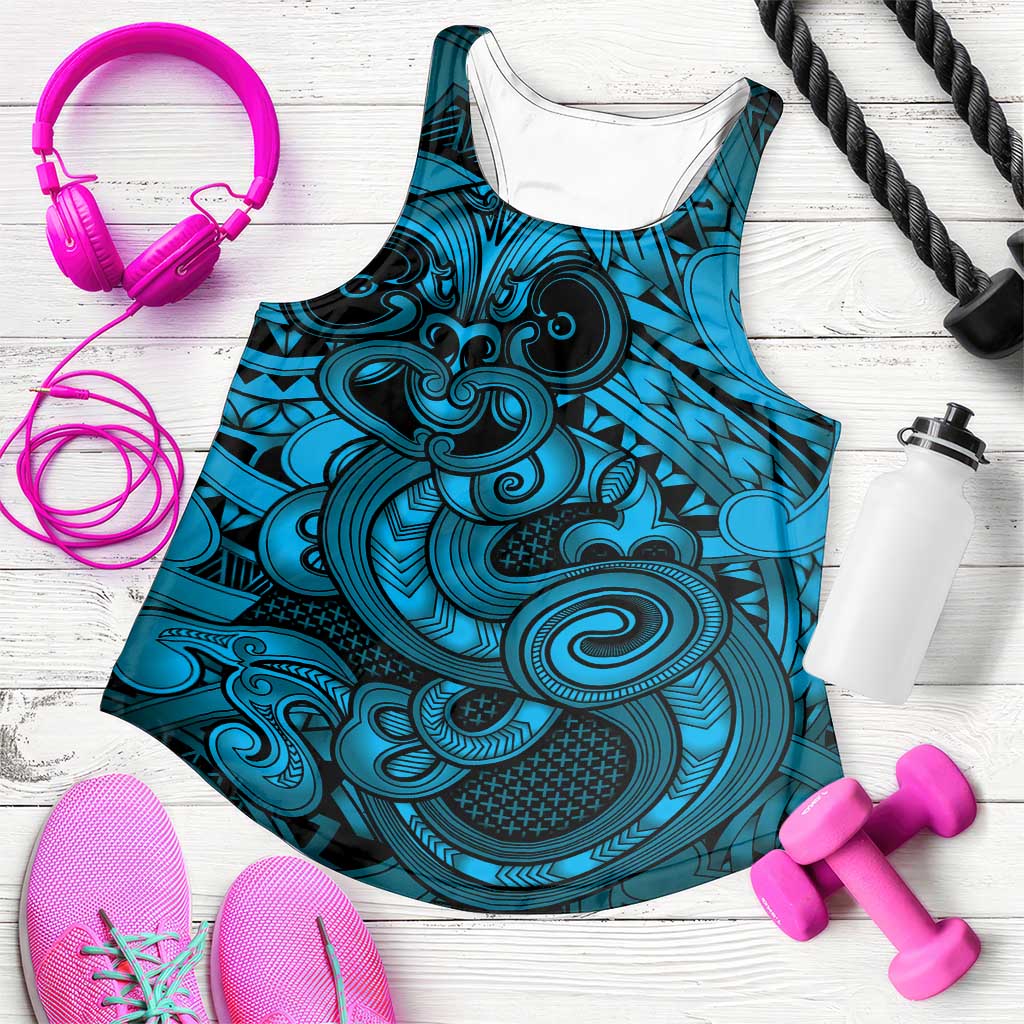 Aotearoa Maori Hei Tiki Women Racerback Tank Kikorangi Kowhaiwhai Puhoro Motif LT9 Blue - Polynesian Pride