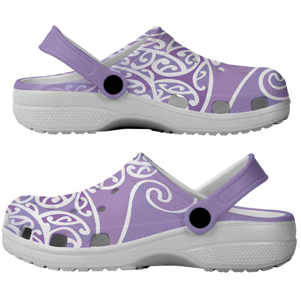 Aotearoa Maori Koru Curves Clogs Shoes Silver Ferns - Amethyst