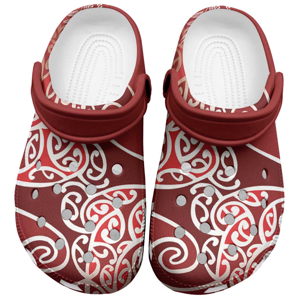 Aotearoa Maori Koru Curves Clogs Shoes Silver Ferns - Crimson Red