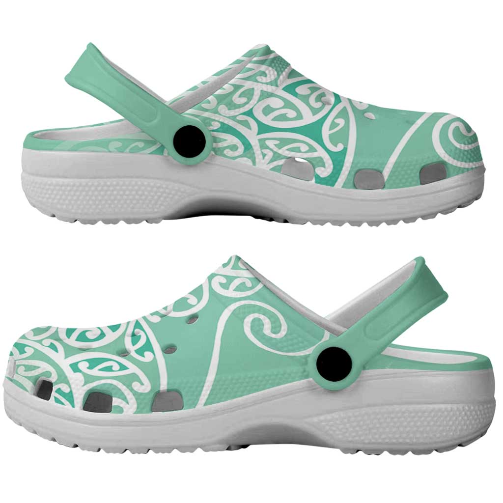 Aotearoa Maori Koru Curves Clogs Shoes Silver Ferns - Mint LT7 - Polynesian Pride