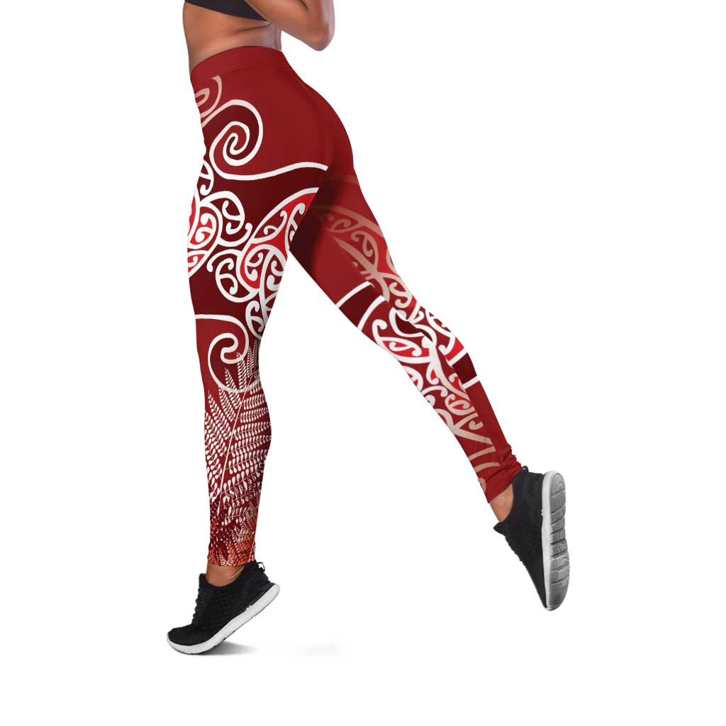 Aotearoa Maori Koru Curves Leggings Silver Ferns - Crimson Red LT7 Red - Polynesian Pride