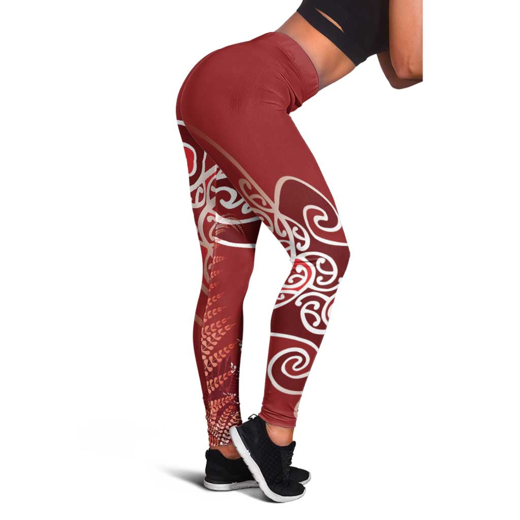 Aotearoa Maori Koru Curves Leggings Silver Ferns - Crimson Red LT7 - Polynesian Pride