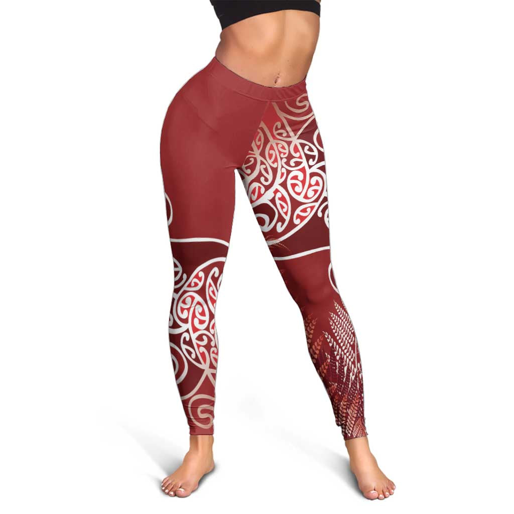 Aotearoa Maori Koru Curves Leggings Silver Ferns - Crimson Red LT7 - Polynesian Pride
