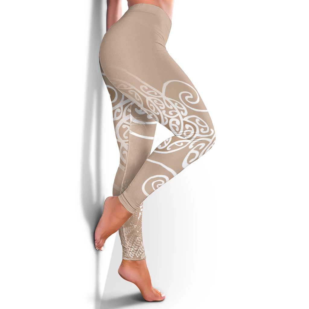 Aotearoa Maori Koru Curves Leggings Silver Ferns - Mocha LT7 - Polynesian Pride