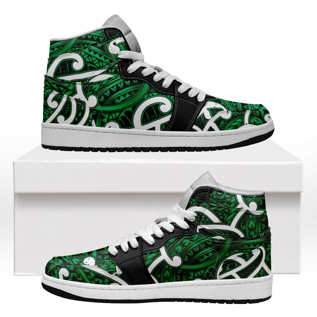 Aotearoa Maori Kowhaiwhai High Sneakers AJ1 Kakariki Puhoro and Patiki LT9 Green - Polynesian Pride