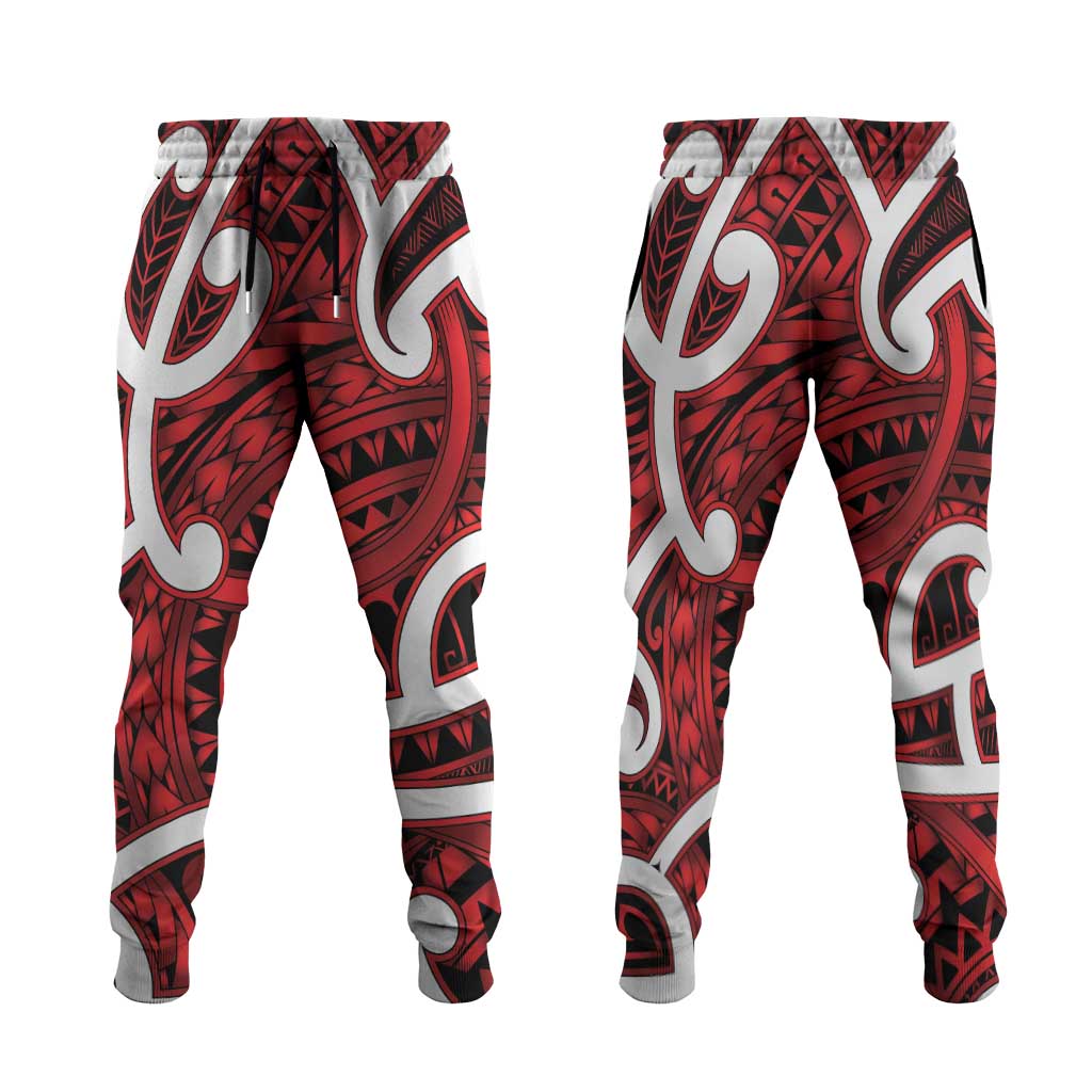 Aotearoa Maori Kowhaiwhai Jogger Pants Whero Puhoro and Patiki LT9 Red - Polynesian Pride