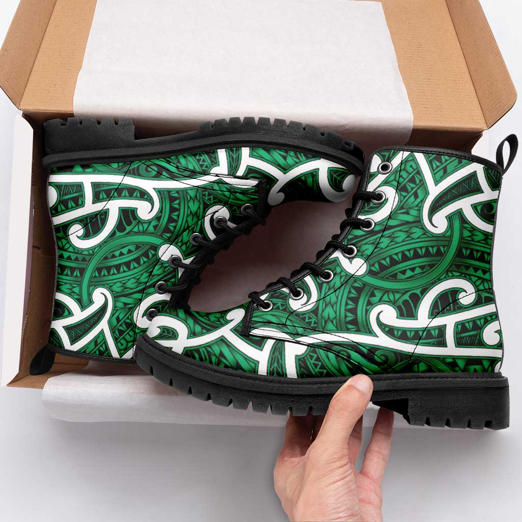 Aotearoa Maori Kowhaiwhai Leather Boots Kakariki Puhoro and Patiki LT9 - Polynesian Pride