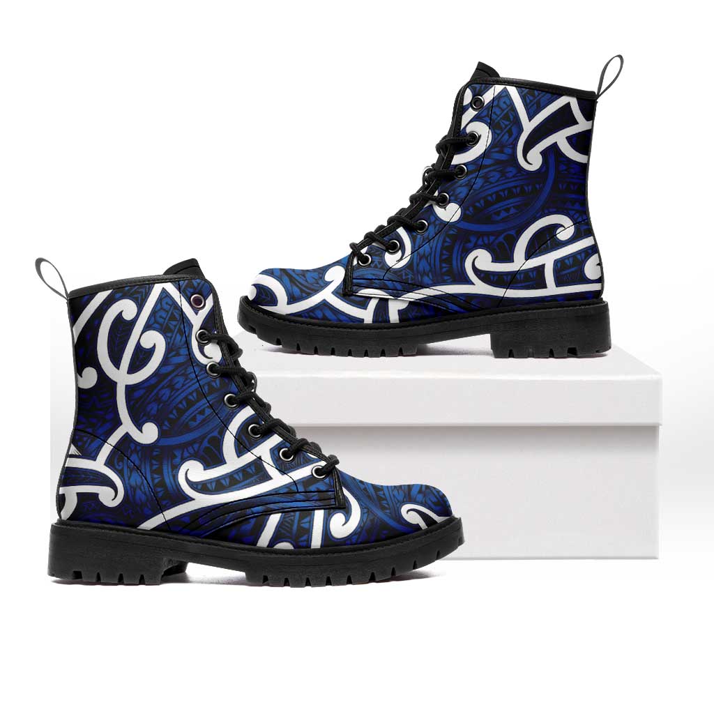 Aotearoa Maori Kowhaiwhai Leather Boots Kikorangi Puhoro and Patiki LT9 Blue - Polynesian Pride