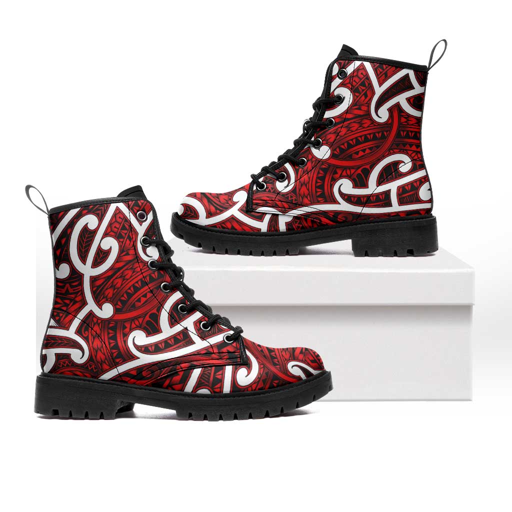 Aotearoa Maori Kowhaiwhai Leather Boots Whero Puhoro and Patiki LT9 Red - Polynesian Pride