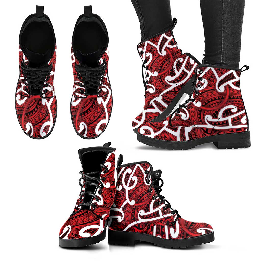 Aotearoa Maori Kowhaiwhai Leather Boots Whero Puhoro and Patiki LT9 - Polynesian Pride