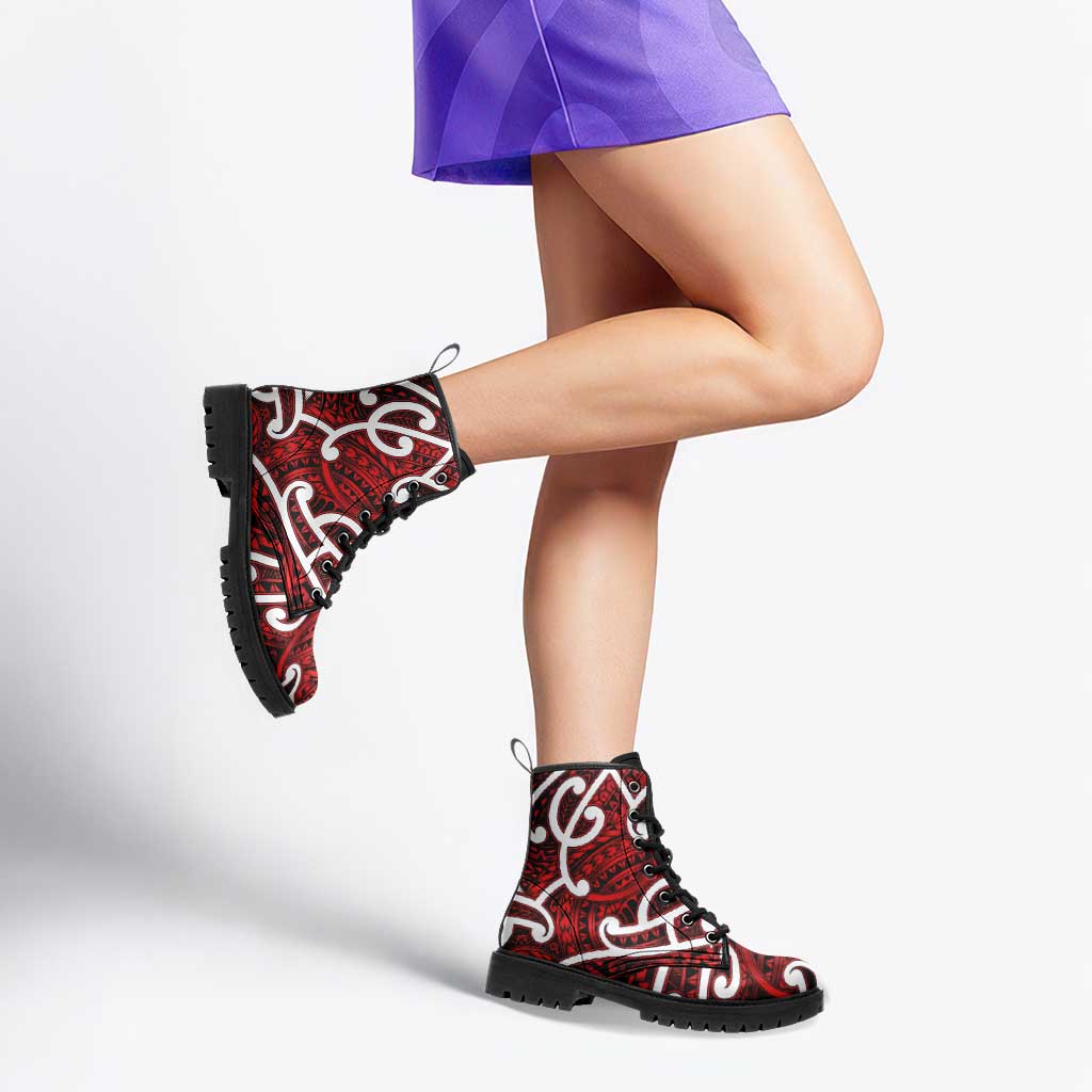 Aotearoa Maori Kowhaiwhai Leather Boots Whero Puhoro and Patiki LT9 - Polynesian Pride