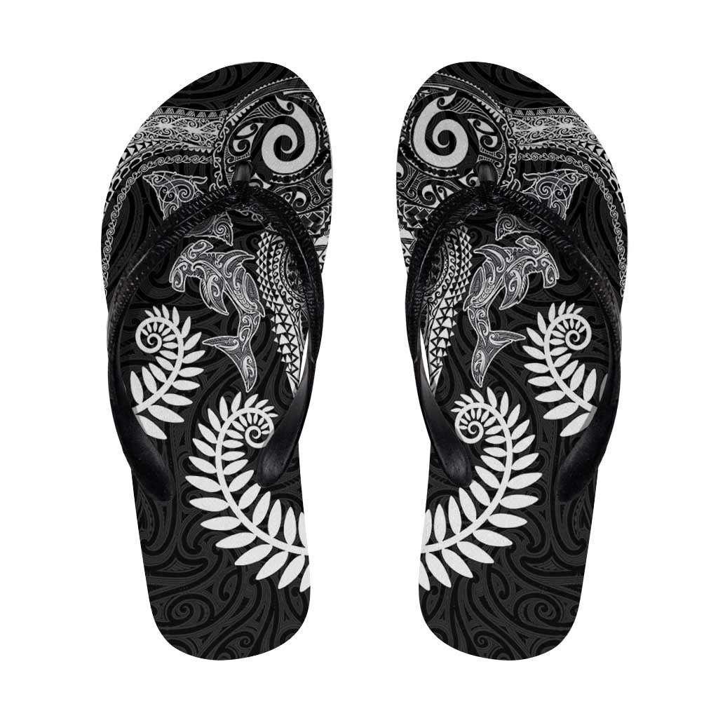 Aotearoa Maori Sea Animals Tribal Flip Flops Manta Ray and Shark Moko Pattern Black Color LT03 Black - Polynesian Pride