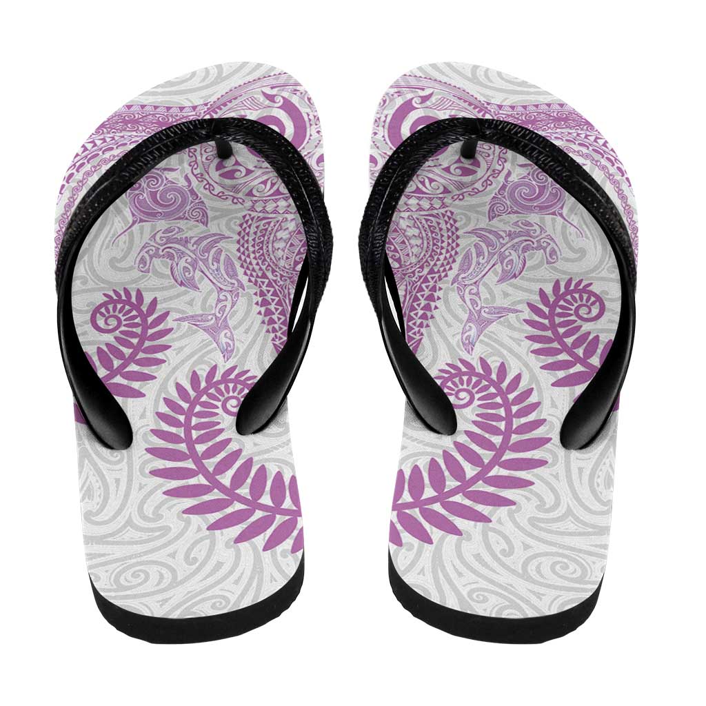 Aotearoa Maori Sea Animals Tribal Flip Flops Manta Ray and Shark Moko Pattern Pink Color LT03 - Polynesian Pride